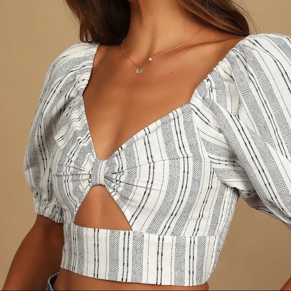 Lulus Black Striped Knot-Front Puff Sleeve Crop Top, Size Large, Black /… - Picture 3 of 10